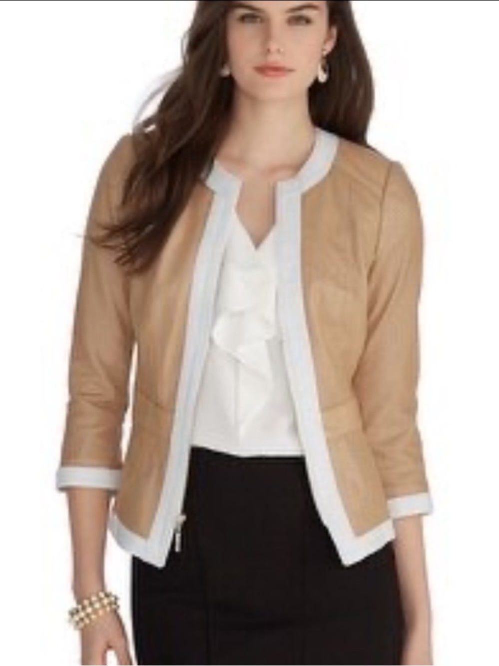 WHBM Leather Jacket Mochaccino Ivory Color Block 3/4 Sleeves XS $500 NWT